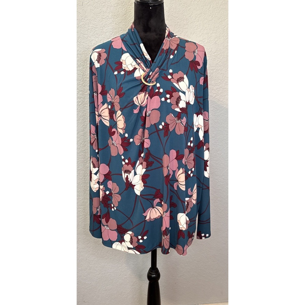 Liz Claiborne Women's 2X Floral V Neck Blouse Long Sleeve Multicolor Top